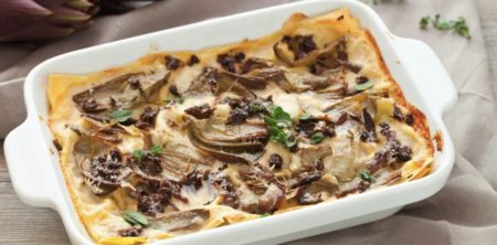 Lasagna ai funghi e carciofi (Lasaña con setas y alcachofas)