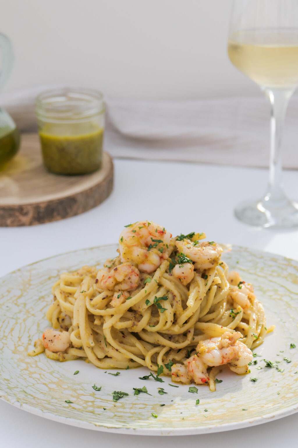 Tagliatelle con pesto de pistachos y gambas Pasta y Pizza Grossi